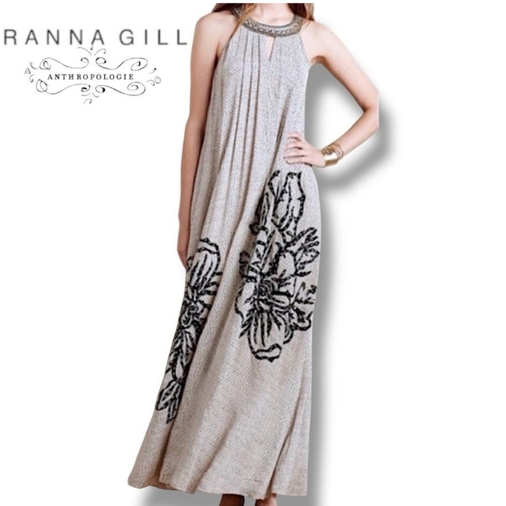 Anthropology Ranna Gill Cream Halter Maxi Dress with Black Floral Embroidery XS